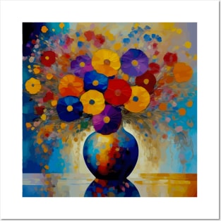 Colorful Floral Still Life Painting in a Blue Vase Posters and Art